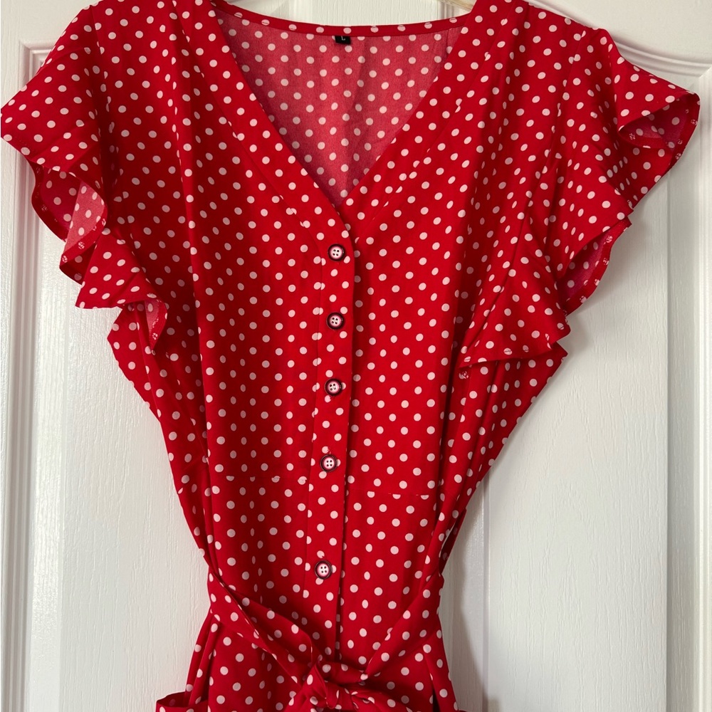 Red & White Light/Breezy Button Polka Dot Dress Size Large (ties around waist) - Picture 2 of 10